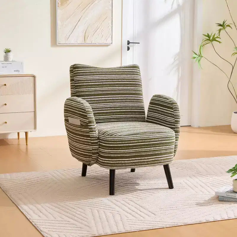 Fauteuil de canapé moderne à rayures avec pochette latérale et pieds en bois massif, chaise de lecture confortable pour salon, chambre et bureau
