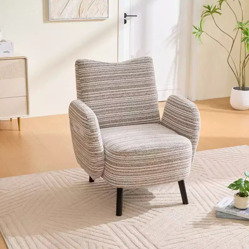 Fauteuil de canapé moderne à rayures avec pochette latérale et pieds en bois massif, chaise de lecture confortable pour salon, chambre et bureau