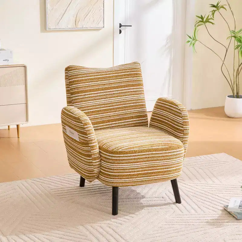 Fauteuil de canapé moderne à rayures avec pochette latérale et pieds en bois massif, chaise de lecture confortable pour salon, chambre et bureau