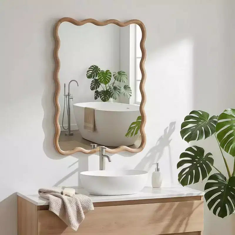 20 x 30 Wall Mirror with Solid Wood Frame, Wavy Rectangle Decorative Mirror for Bathroom, Bedroom, Living Room, Entryway-Panipeachy