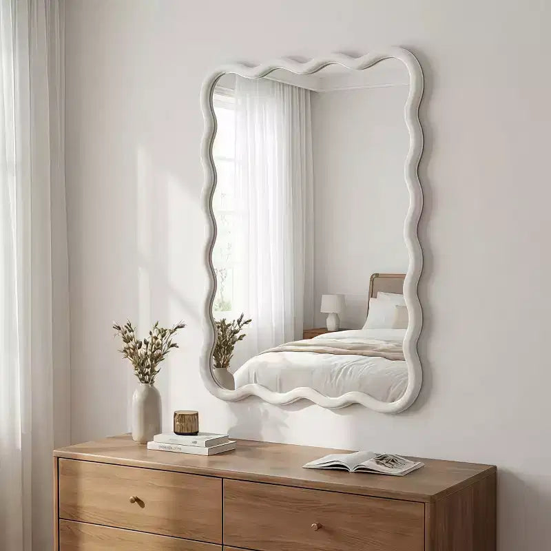 20 x 30 Wall Mirror with Solid Wood Frame, Wavy Rectangle Decorative Mirror for Bathroom, Bedroom, Living Room, Entryway-Panipeachy