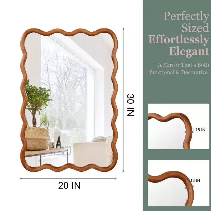 20 x 30 Wall Mirror with Solid Wood Frame, Wavy Rectangle Decorative Mirror for Bathroom, Bedroom, Living Room, Entryway-Panipeachy