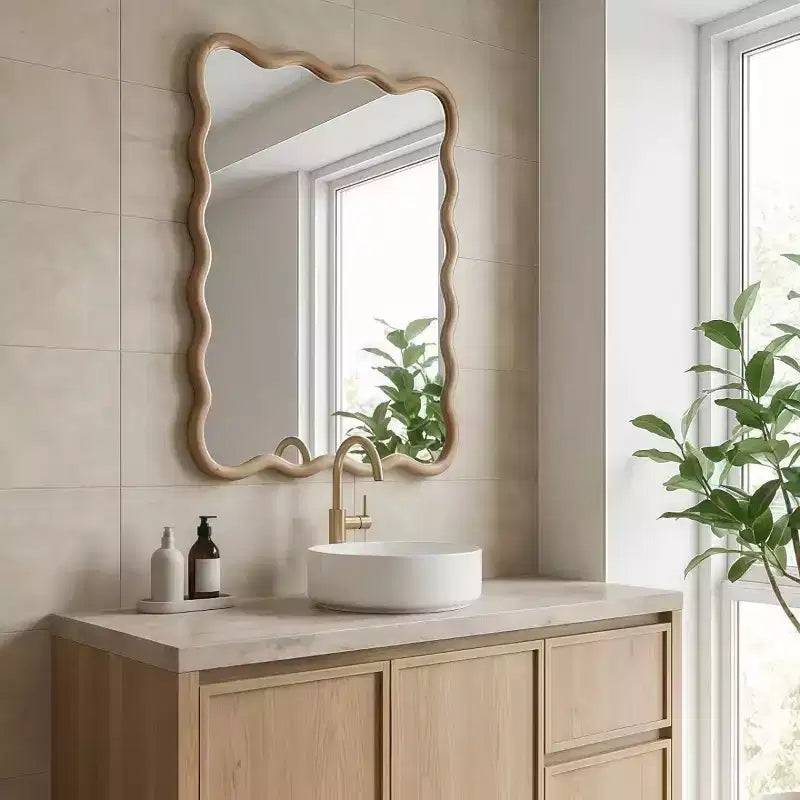 20 x 30 Wall Mirror with Solid Wood Frame, Wavy Rectangle Decorative Mirror for Bathroom, Bedroom, Living Room, Entryway-Panipeachy