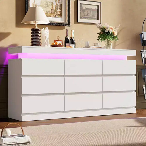 9 Drawer Dresser for Bedroom - 63 Wide Chest of Drawers with Charging Station, Large TV Stand Multi-Function Home Organizer