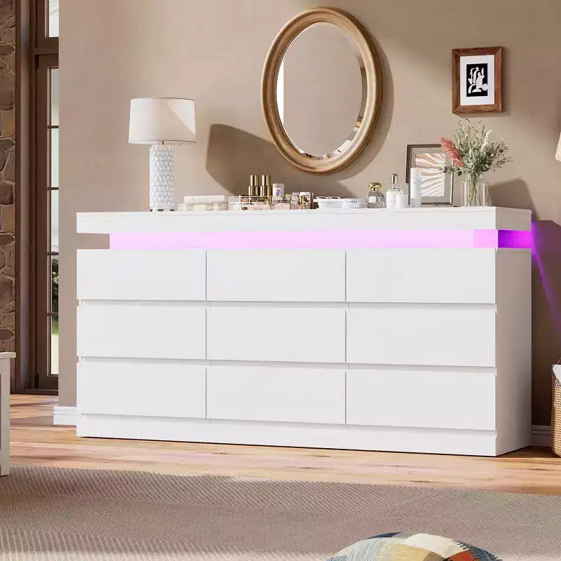 9 Drawer Dresser for Bedroom - 63 Wide Chest of Drawers with Charging Station, Large TV Stand Multi-Function Home Organizer