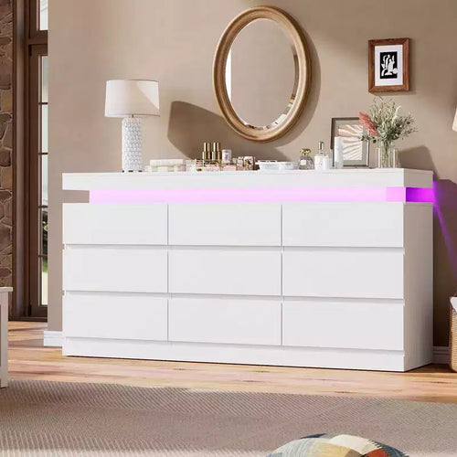 Commode à 9 tiroirs pour chambre à coucher – Grande commode de 160 cm de large avec station de charge, grand meuble TV multifonctionnel
