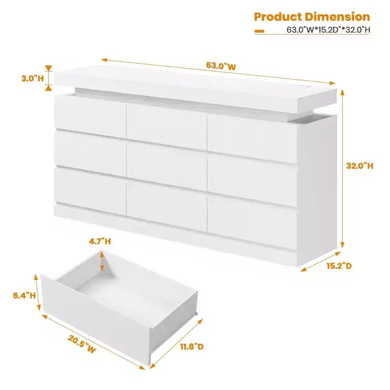 9 Drawer Dresser for Bedroom - 63 Wide Chest of Drawers with Charging Station, Large TV Stand Multi-Function Home Organizer