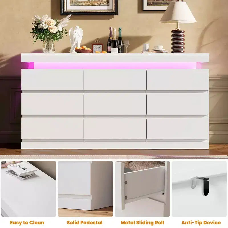 9 Drawer Dresser for Bedroom - 63 Wide Chest of Drawers with Charging Station, Large TV Stand Multi-Function Home Organizer