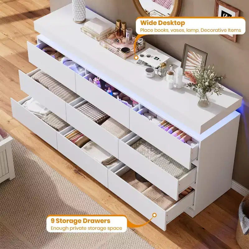 9 Drawer Dresser for Bedroom - 63 Wide Chest of Drawers with Charging Station, Large TV Stand Multi-Function Home Organizer