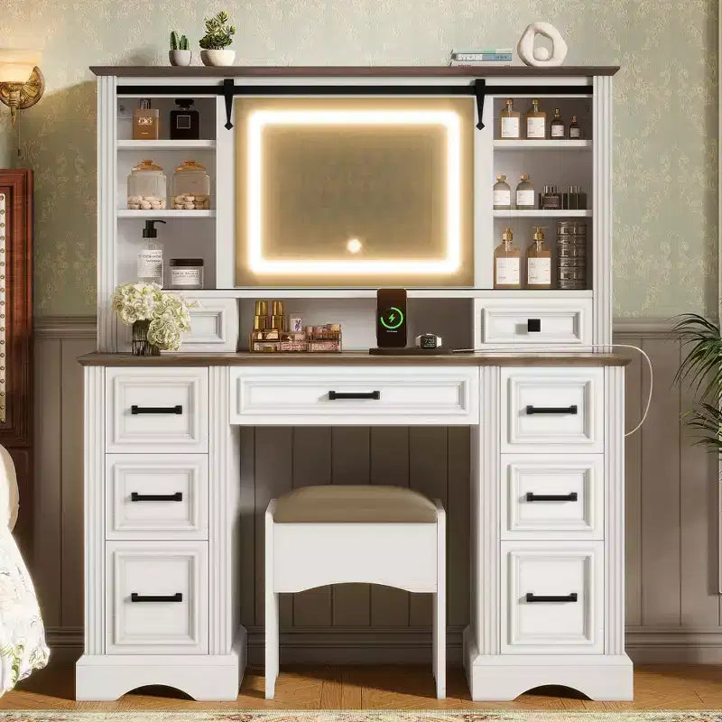 47W Makeup Vanity Desk Set Vanity Table Dressing Table with Storage Cushioned Stool, Sliding 3 Color Lighted Mirror & 9 Drawers, White - ModernLuxe
