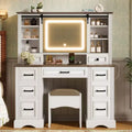 47W Makeup Vanity Desk Set Vanity Table Dressing Table with Storage Cushioned Stool, Sliding 3 Color Lighted Mirror & 9 Drawers, White - ModernLuxe