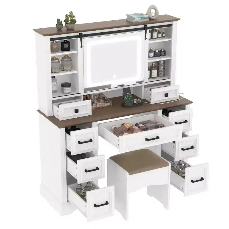 47W Makeup Vanity Desk Set Vanity Table Dressing Table with Storage Cushioned Stool, Sliding 3 Color Lighted Mirror & 9 Drawers, White - ModernLuxe