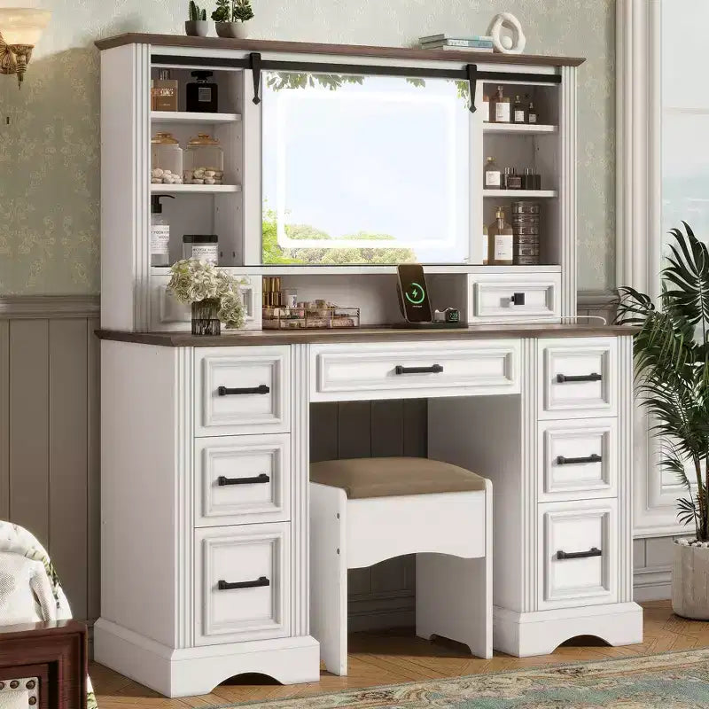 47W Makeup Vanity Desk Set Vanity Table Dressing Table with Storage Cushioned Stool, Sliding 3 Color Lighted Mirror & 9 Drawers, White - ModernLuxe