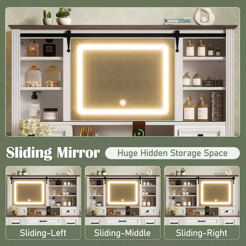 47W Makeup Vanity Desk Set Vanity Table Dressing Table with Storage Cushioned Stool, Sliding 3 Color Lighted Mirror & 9 Drawers, White - ModernLuxe
