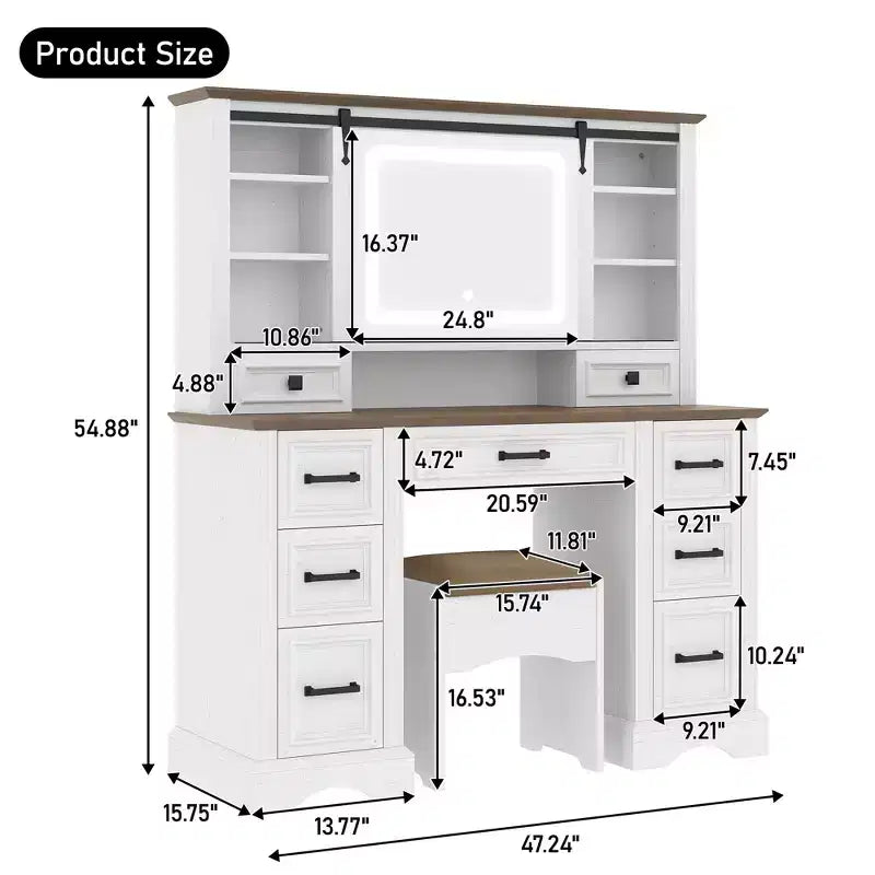 47W Makeup Vanity Desk Set Vanity Table Dressing Table with Storage Cushioned Stool, Sliding 3 Color Lighted Mirror & 9 Drawers, White - ModernLuxe