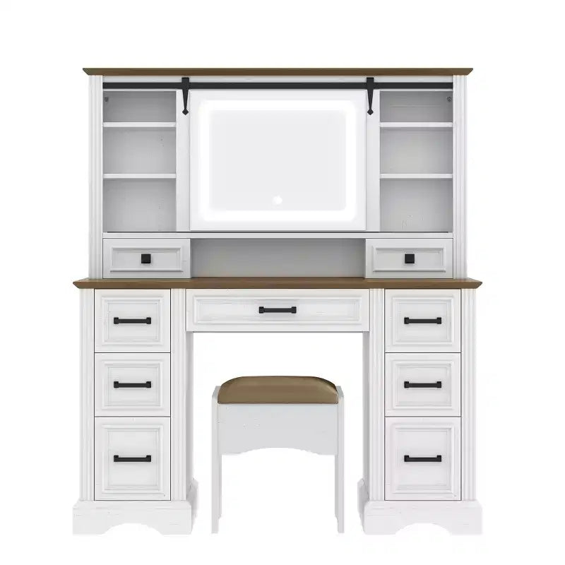 47W Makeup Vanity Desk Set Vanity Table Dressing Table with Storage Cushioned Stool, Sliding 3 Color Lighted Mirror & 9 Drawers, White - ModernLuxe