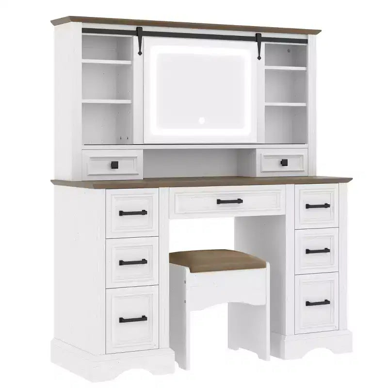 47W Makeup Vanity Desk Set Vanity Table Dressing Table with Storage Cushioned Stool, Sliding 3 Color Lighted Mirror & 9 Drawers, White - ModernLuxe