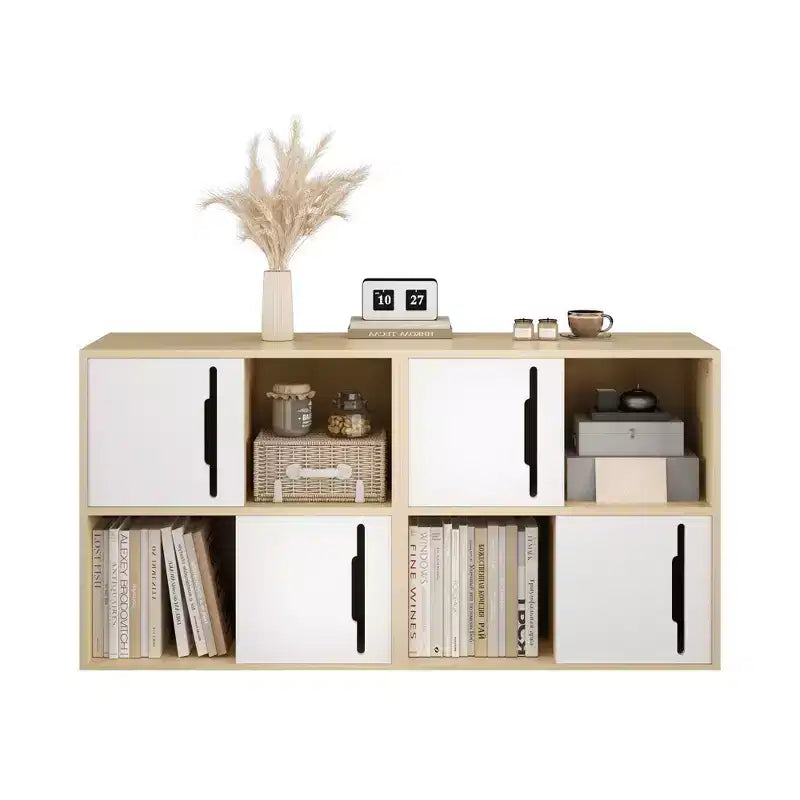 Modern Storage Cabinet with Sliding Doors, 2-Tier Open and Closed Shelves, Natural Wood with White Panels