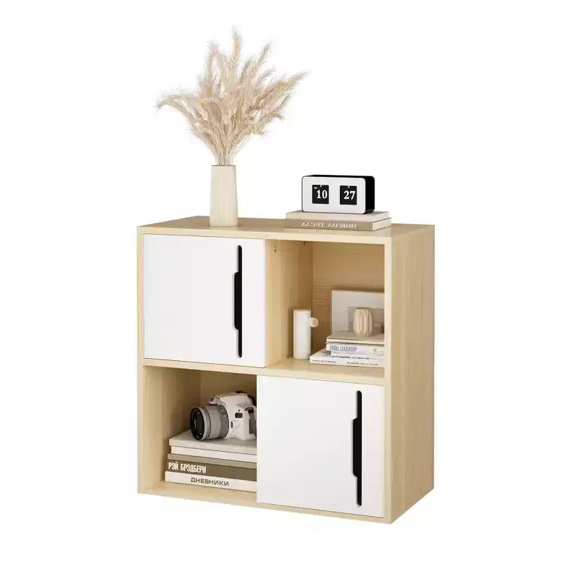 Modern Storage Cabinet with Sliding Doors, 2-Tier Open and Closed Shelves, Natural Wood with White Panels