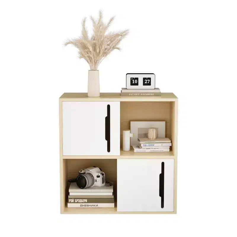 Modern Storage Cabinet with Sliding Doors, 2-Tier Open and Closed Shelves, Natural Wood with White Panels