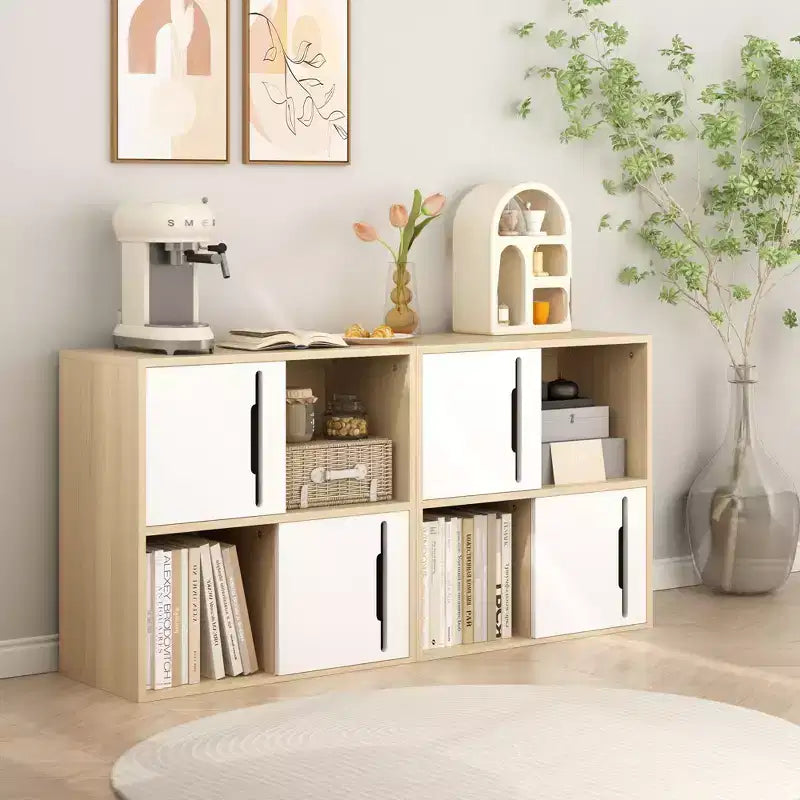 Modern Storage Cabinet with Sliding Doors, 2-Tier Open and Closed Shelves, Natural Wood with White Panels