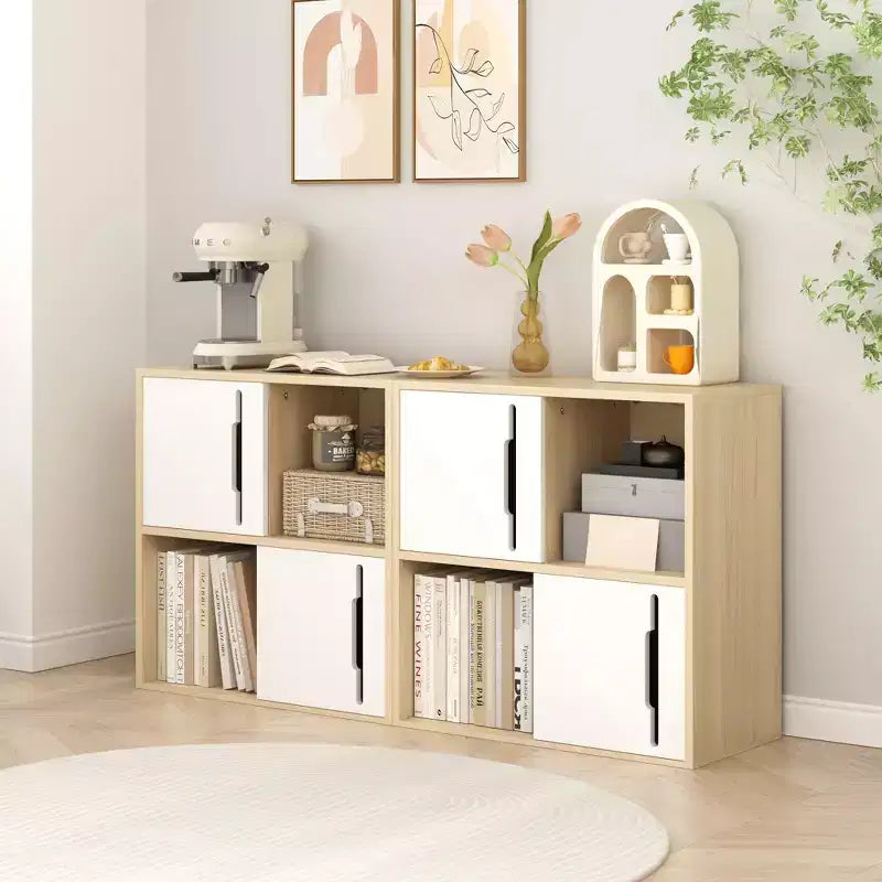 Modern Storage Cabinet with Sliding Doors, 2-Tier Open and Closed Shelves, Natural Wood with White Panels