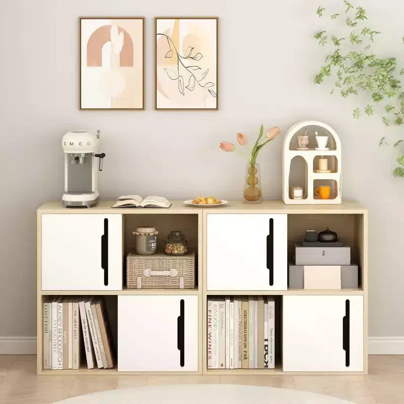 Modern Storage Cabinet with Sliding Doors, 2-Tier Open and Closed Shelves, Natural Wood with White Panels