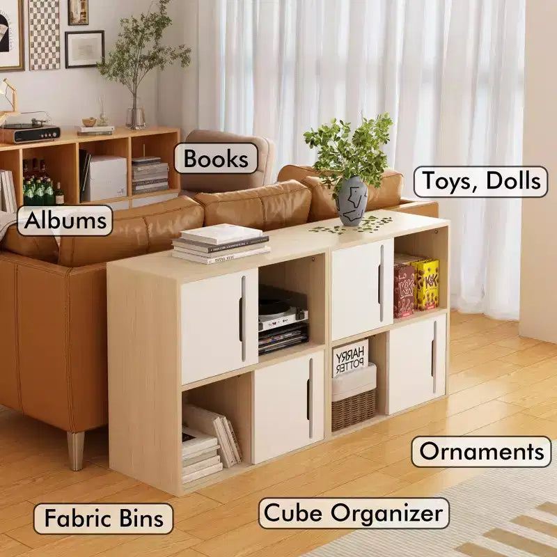 Modern Storage Cabinet with Sliding Doors, 2-Tier Open and Closed Shelves, Natural Wood with White Panels
