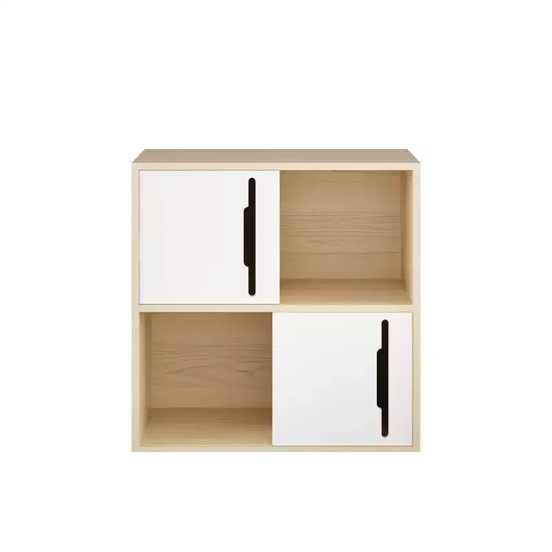 Modern Storage Cabinet with Sliding Doors, 2-Tier Open and Closed Shelves, Natural Wood with White Panels
