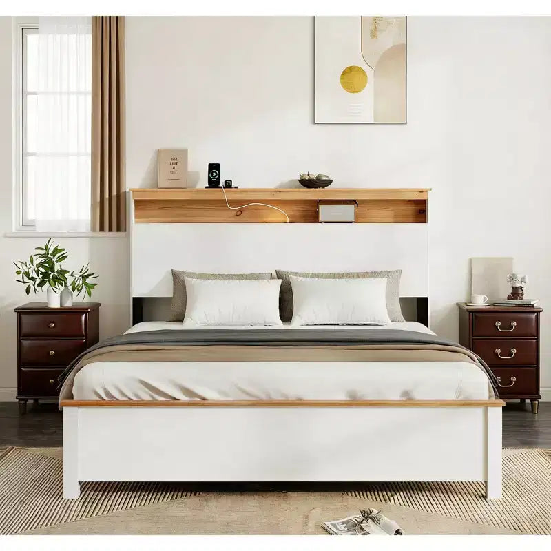 Bellemave Platform Bed Frame with Integrated Charging Station & Storage Headboard, LED Light, Antique White.