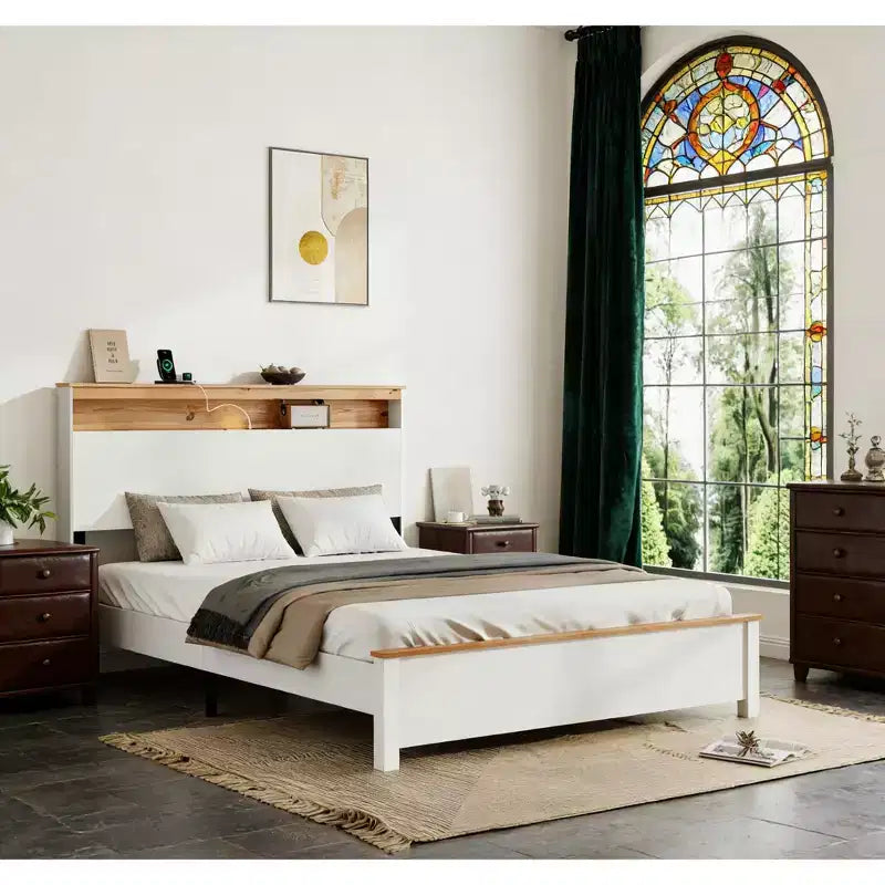 Bellemave Platform Bed Frame with Integrated Charging Station & Storage Headboard, LED Light, Antique White.