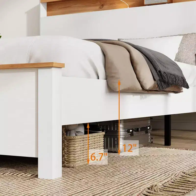 Bellemave Platform Bed Frame with Integrated Charging Station & Storage Headboard, LED Light, Antique White.