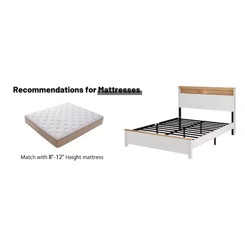 Bellemave Platform Bed Frame with Integrated Charging Station & Storage Headboard, LED Light, Antique White.