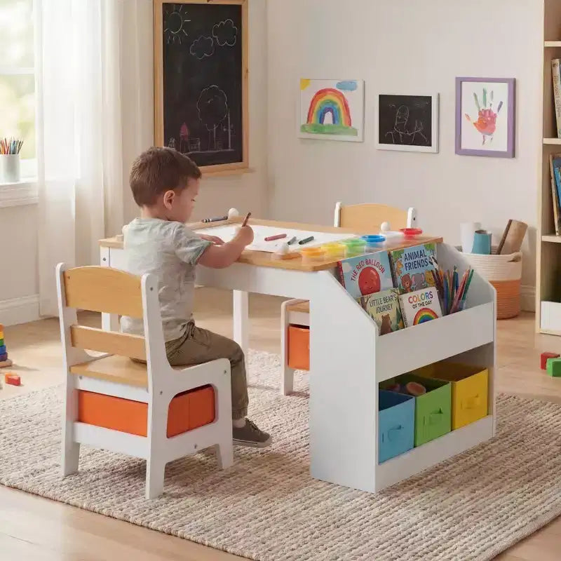 Kinder King Kids Wooden Activity Table and 2 Chairs Set with Storage, Paper Roll & Paint Cups, Art Craft Desk for Drawing, Reading & Play