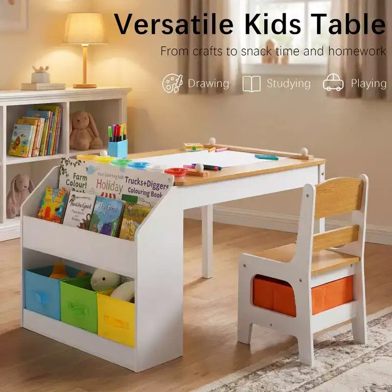 Kinder King Kids Wooden Activity Table and 2 Chairs Set with Storage, Paper Roll & Paint Cups, Art Craft Desk for Drawing, Reading & Play