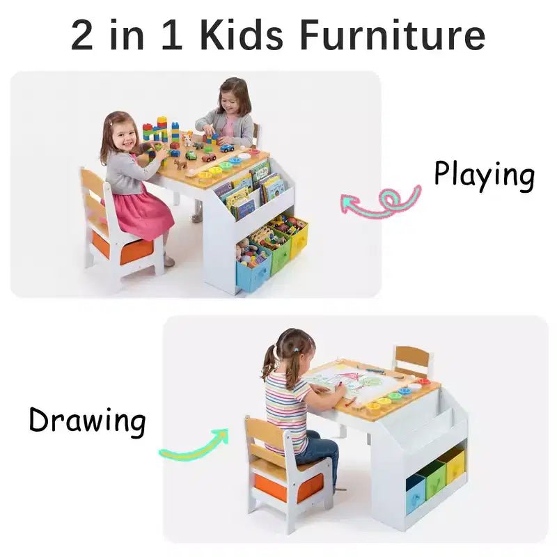 Kinder King Kids Wooden Activity Table and 2 Chairs Set with Storage, Paper Roll & Paint Cups, Art Craft Desk for Drawing, Reading & Play