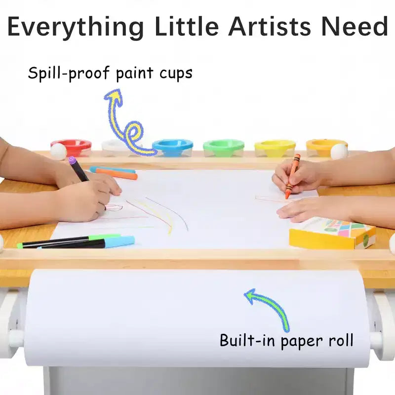 Kinder King Kids Wooden Activity Table and 2 Chairs Set with Storage, Paper Roll & Paint Cups, Art Craft Desk for Drawing, Reading & Play