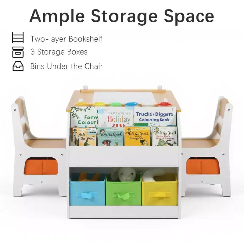 Kinder King Kids Wooden Activity Table and 2 Chairs Set with Storage, Paper Roll & Paint Cups, Art Craft Desk for Drawing, Reading & Play