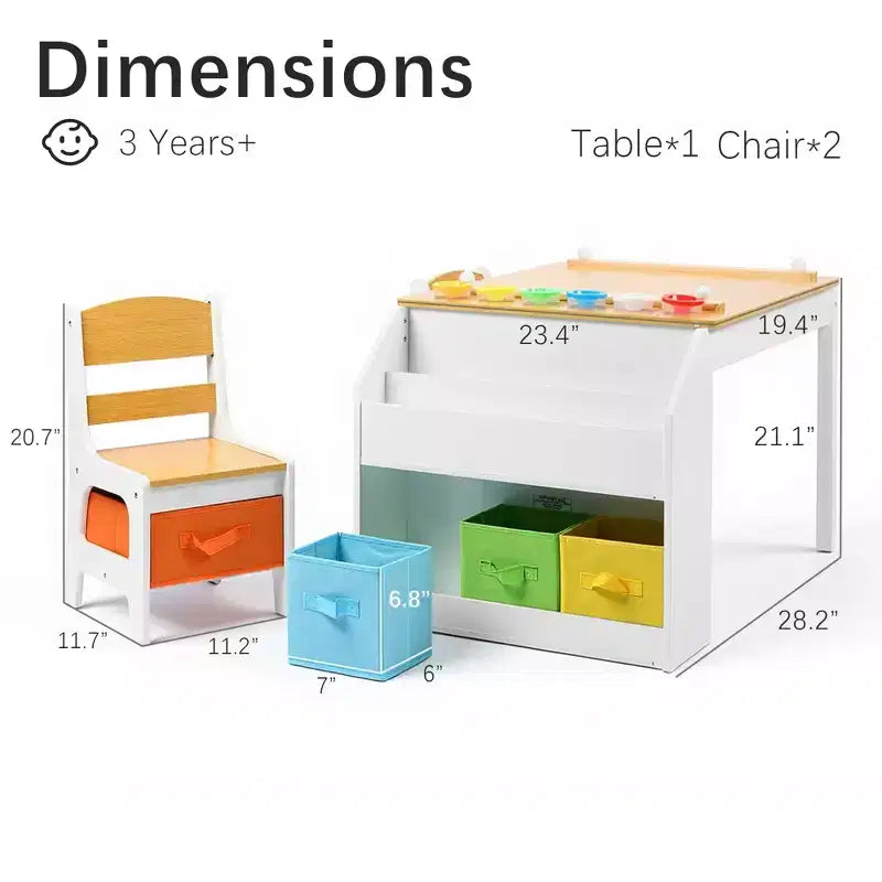 Kinder King Kids Wooden Activity Table and 2 Chairs Set with Storage, Paper Roll & Paint Cups, Art Craft Desk for Drawing, Reading & Play