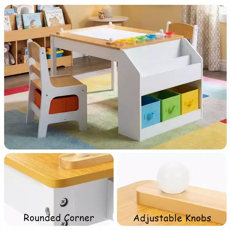 Kinder King Kids Wooden Activity Table and 2 Chairs Set with Storage, Paper Roll & Paint Cups, Art Craft Desk for Drawing, Reading & Play