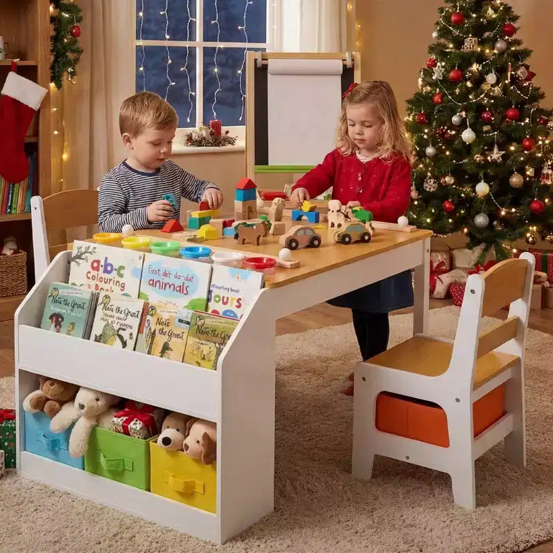 Kinder King Kids Wooden Activity Table and 2 Chairs Set with Storage, Paper Roll & Paint Cups, Art Craft Desk for Drawing, Reading & Play