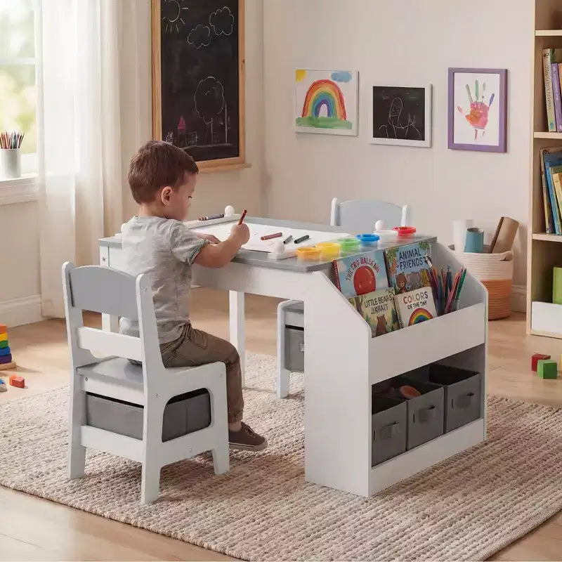 Kinder King Kids Wooden Activity Table and 2 Chairs Set with Storage, Paper Roll & Paint Cups, Art Craft Desk for Drawing, Reading & Play