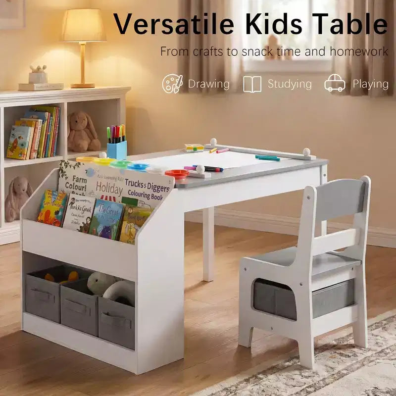 Kinder King Kids Wooden Activity Table and 2 Chairs Set with Storage, Paper Roll & Paint Cups, Art Craft Desk for Drawing, Reading & Play