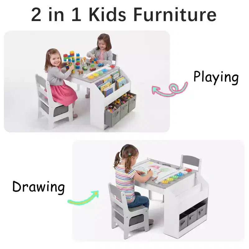 Kinder King Kids Wooden Activity Table and 2 Chairs Set with Storage, Paper Roll & Paint Cups, Art Craft Desk for Drawing, Reading & Play
