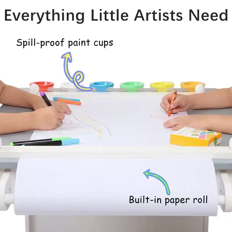 Kinder King Kids Wooden Activity Table and 2 Chairs Set with Storage, Paper Roll & Paint Cups, Art Craft Desk for Drawing, Reading & Play