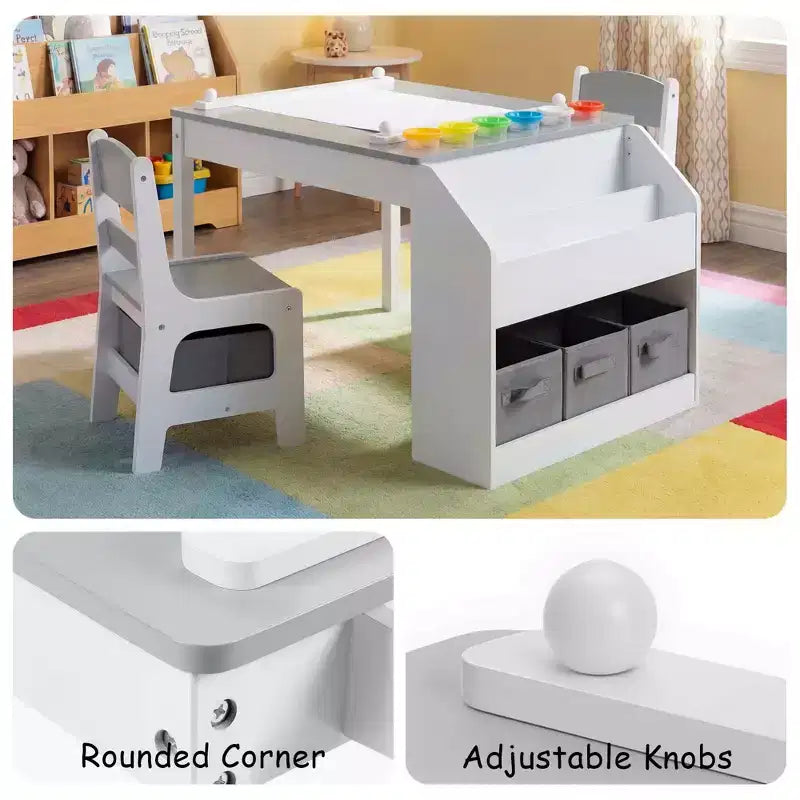 Kinder King Kids Wooden Activity Table and 2 Chairs Set with Storage, Paper Roll & Paint Cups, Art Craft Desk for Drawing, Reading & Play