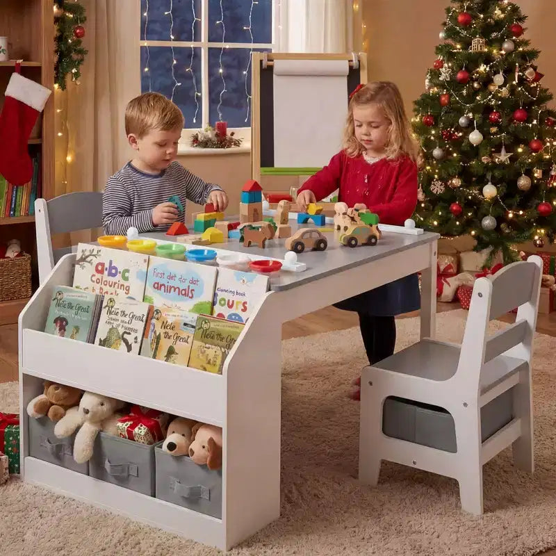 Kinder King Kids Wooden Activity Table and 2 Chairs Set with Storage, Paper Roll & Paint Cups, Art Craft Desk for Drawing, Reading & Play
