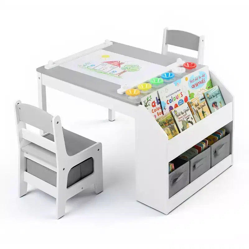Kinder King Kids Wooden Activity Table and 2 Chairs Set with Storage, Paper Roll & Paint Cups, Art Craft Desk for Drawing, Reading & Play