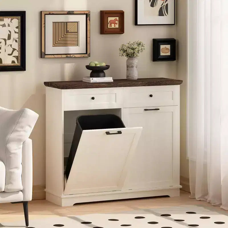 20-Gallon Double Tilt-Out Trash Cabinet, Freestanding Wood Garbage & Recycling Bin Hideaway with Drawer, Antique Brown/White