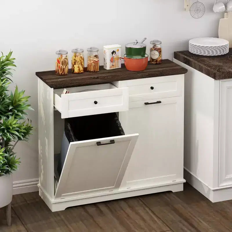 20-Gallon Double Tilt-Out Trash Cabinet, Freestanding Wood Garbage & Recycling Bin Hideaway with Drawer, Antique Brown/White
